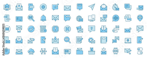 Email message web icons set in line design. Duotone pictogram pack of notification, digital letter, envelope, chat, writing post, mailbox, mail contact, more outline stroke signs. Vector illustration.