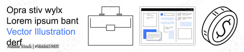 Business strategy, web design, online transactions, financial planning, e-commerce, professional services. Minimalist images of a briefcase, website layout and coin. Business strategy and web design