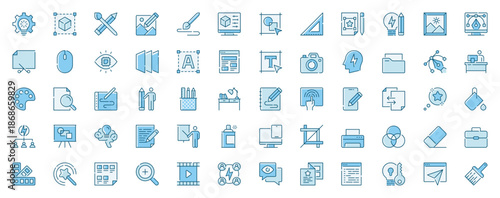 Graphic design web icons set in line design. Duotone pictogram pack of idea, modelling, paintbrush, drawing, computer prototype, wireframe, layers, more outline stroke signs. Vector illustration.