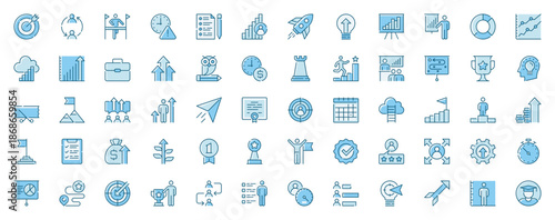 Growth development web icons set in line design. Duotone pictogram pack of target, leadership, communication, success, launch startup, brainstorming, more outline stroke signs. Vector illustration.