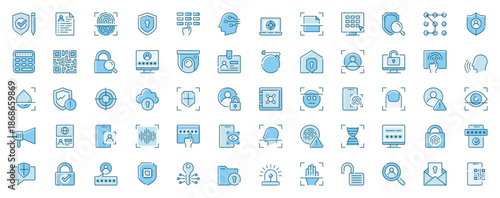 Identity security web icons set in line design. Duotone pictogram pack of shield, privacy protection, fingerprint scan, key, password, surveillance, more outline stroke signs. Vector illustration.