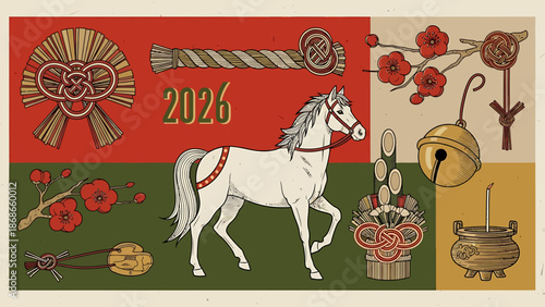 Elegant Japanese New Year 2026 Celebration Art with Auspicious White Horse, Traditional Knotwork, and Blossom Motifs for Good Luck