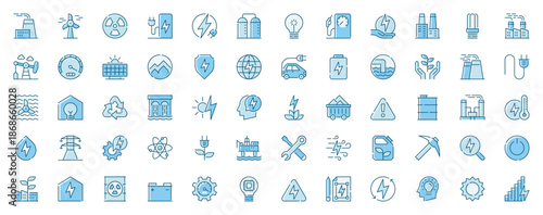 Power energy web icons set in line design. Duotone pictogram pack of plant, wind turbine, charging stop, electricity, light bulb, fuel, oil production, more outline stroke signs. Vector illustration.