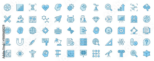 Science research web icons set in line design. Duotone pictogram pack of data analysis, dna, biology, biotechnology, medicine, atom structure, chemistry, more outline stroke signs. Vector illustration