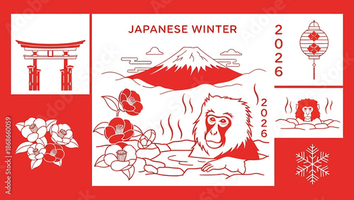 Captivating Japanese Winter Vector Art Mount Fuji, Macaque in Hot Spring, Torii Gate, and Camellia Flowers, Celebrating Tradition and Nature
