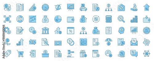 Taxes accounting web icons set in line design. Duotone pictogram pack of money, currency exchange, banking, payment, report, analysis balance, invoice, more outline stroke signs. Vector illustration.