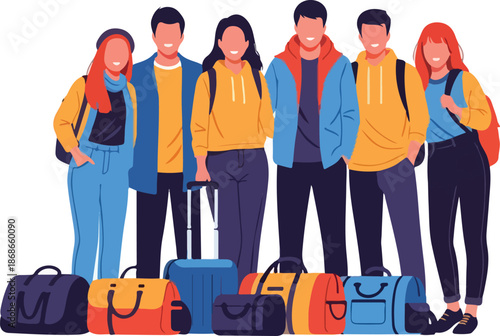 Diverse group of friends ready for travel adventure with luggage.
