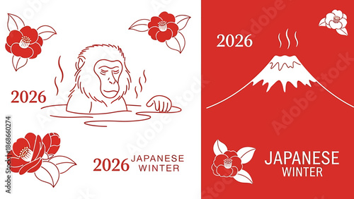 Vector winter scene illustration featuring Japanese mountain and flowers in red and white