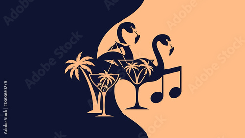Vector illustration of ostrich and palm trees with musical notes in a split background design