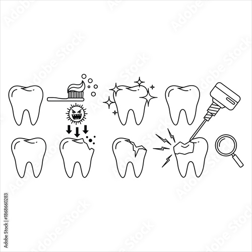 Minimalist dental care icon set showing six teeth stages from brushing to treatment and examination in black and white