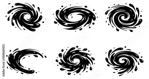 Hand drawn swirl set featuring black fluid forms for graphic design