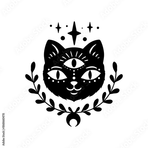Mystical boho celestial set, Vector illustration. Cat moon, Eye, Hand drawn logo, line art, Halloween