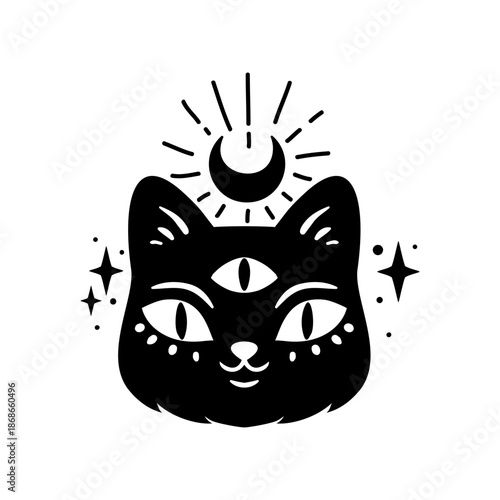 Mystical boho celestial set, Vector illustration. Cat moon, Eye, Hand drawn logo, line art, Halloween