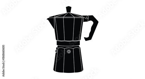 A striking black and white image depicting a classic stovetop espresso maker silhouette