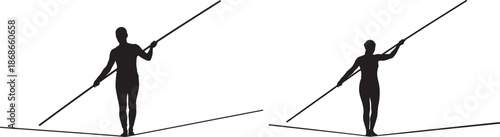 Silhouette of two people balancing on a tightrope with long poles for balance isolated on