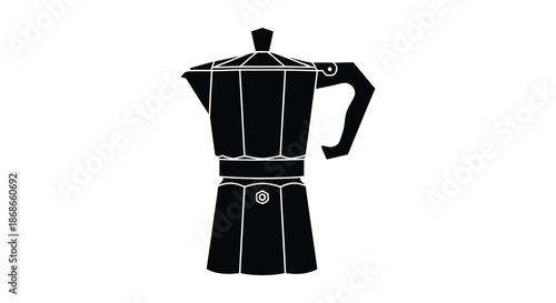 A striking black and white illustration of a classic italian stovetop espresso maker silhouette