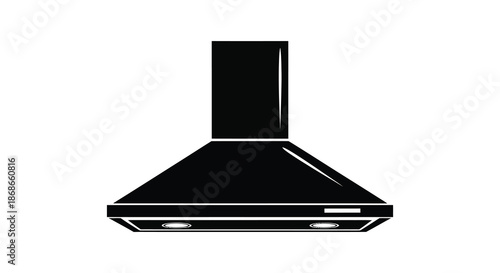 A sleek black kitchen range hood design presented as a striking black silhouette