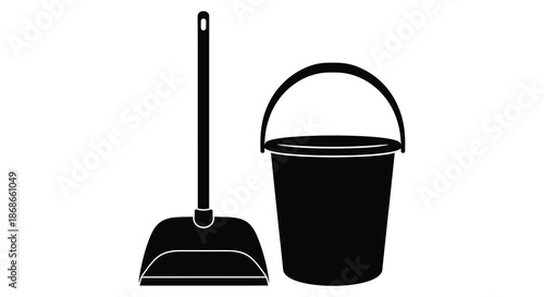 A simple illustration depicting a black bucket and broom leaning together a clean silhouette