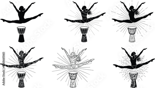 African drum dancer silhouette leaping with energy, rhythmic movement illustration set, cultural dance vector icons, expressive female performance artwork