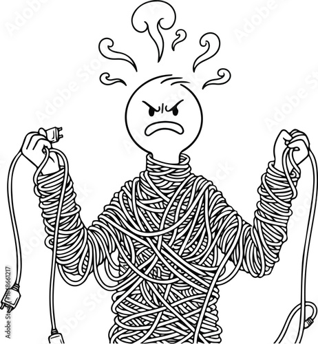 Frustrated person tangled in electrical cords with angry expression.