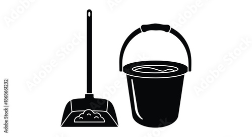 A simple black and white illustration depicting a bucket and a push broom silhouette