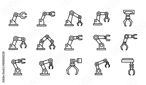 Thin line robot arm vector icons for automation and engineering concepts