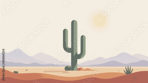 A large green cactus standing alone in a desert landscape with mountains