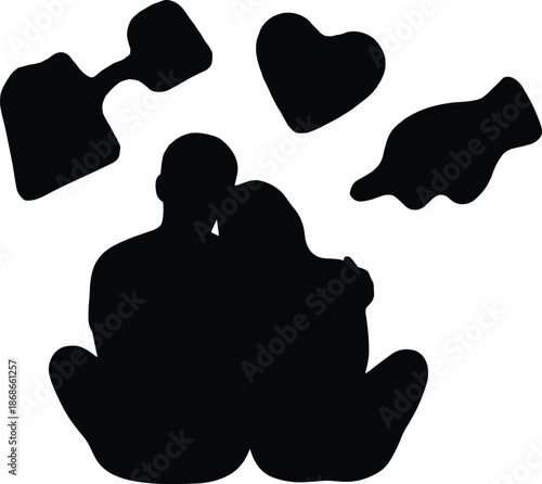 Abstract silhouette couple sitting together with heart shapes, love and emotional closeness concept, intimacy, comfort and romantic bonding illustration artwork