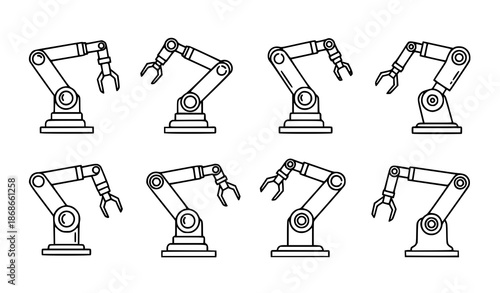 Outline robot arm icons vector set for industrial engineering technology