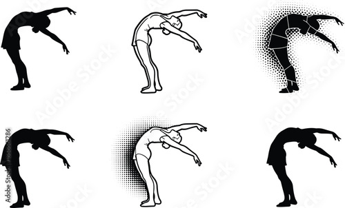 Backbend silhouette woman illustration set, flexibility stretch pose vector icons, female bending movement for fitness, dance, yoga and acrobatics