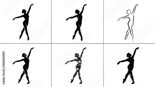Ballet dancer silhouette collection in elegant standing poses, classical dance movement, artistic line and solid figures, graceful body expression