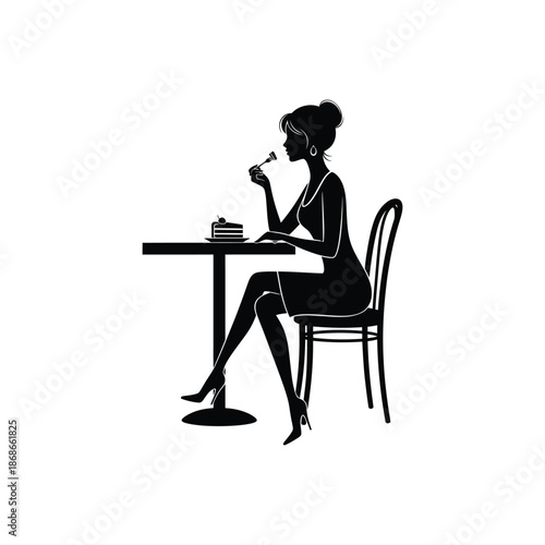 Elegant Woman Silhouette Enjoying Dessert Alone at a Café Table in Quiet Sophistication
