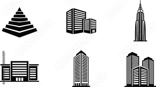 Set of modern black building icons and skyscraper silhouettes featuring a pyramid structure, office complexes, and urban corporate towers for architectural design