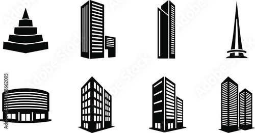 Set of modern skyscraper silhouettes and urban building icons featuring corporate towers, office complexes, and architectural city skyline elements for property design.
