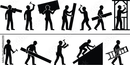 Construction worker icon set, building tasks, hammering, lifting, climbing, teamwork, roof work, black silhouette vector graphics