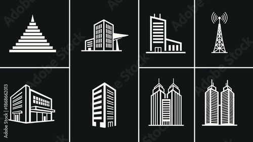 Set of modern skyscraper silhouettes and urban building icons featuring corporate towers, office complexes, and architectural city skyline elements for property design.