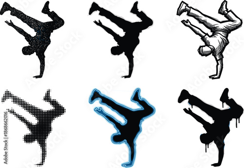"Breakdancer silhouette performing handstand, urban street dance pose, hip hop movement, creative grunge style illustration for fitness, sport culture artwork"