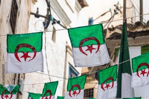 Algerian flags on display in the Kasbah commune in Algiers.