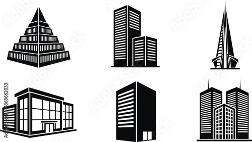 Collection of black skyscraper silhouettes and modern building icons including corporate towers, apartment complexes, and urban city skyline design elements for architecture.