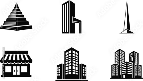 Set of modern skyscraper silhouettes and urban building icons featuring corporate towers, office complexes, and architectural city skyline elements for property design.