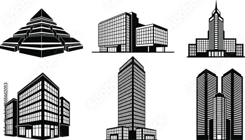 Set of modern skyscraper silhouettes and urban building icons featuring corporate towers, office complexes, and architectural city skyline elements for property design.