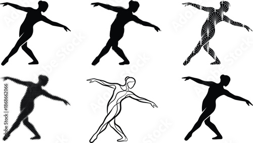 Contemporary dancer silhouette illustration set, modern dance movement poses, artistic figure vector icons showing graceful body expression and choreography