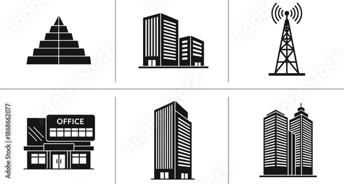 Collection of black skyscraper silhouettes and modern building icons featuring corporate towers, office complexes, and architectural city skyline elements for property
