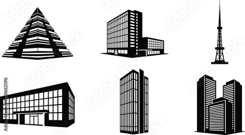 Set of black skyscraper silhouettes and modern building icons featuring corporate towers, pyramidal structures, and architectural city skyline elements for urban design