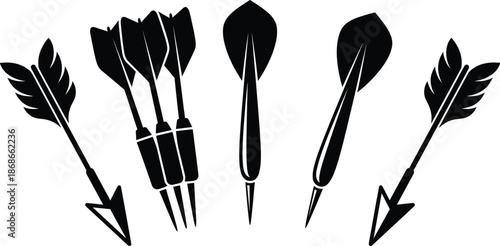 Dart icon set, arrow silhouettes, game darts, hunting tips, flight styles, black vector graphics, precision theme