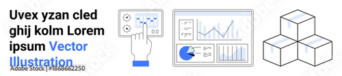 Hand interacting with touchscreen, data charts showing graphs and statistics, modular cube structure. Ideal for data visualization, technology, software, analytics, education, research simple