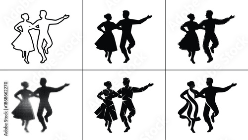 Couple dancing silhouette set, vintage swing dance illustration collection, energetic partner movement vector icons in retro classic ballroom style artwork