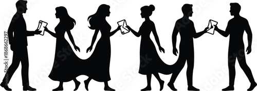Couple exchanging love letters silhouette sequence, romantic communication, relationship journey, emotional connection, timeless romance concept, black white vector illustration