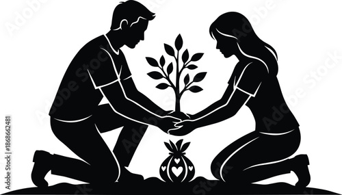 Couple planting young tree together silhouette, love, care, growth, environment concept, relationship bonding, eco lifestyle, black white vector illustration