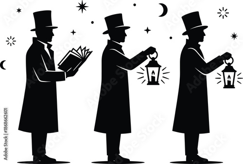 Enlightenment icon set, book reading, glowing lantern, celestial symbols, wisdom journey, discovery, silhouette style, black vector graphics